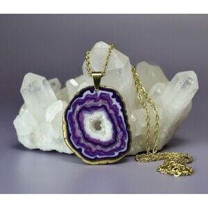 Large Faux Amethyst Geode Slice Polymer Clay Handmade Pendant Necklace SS Chain